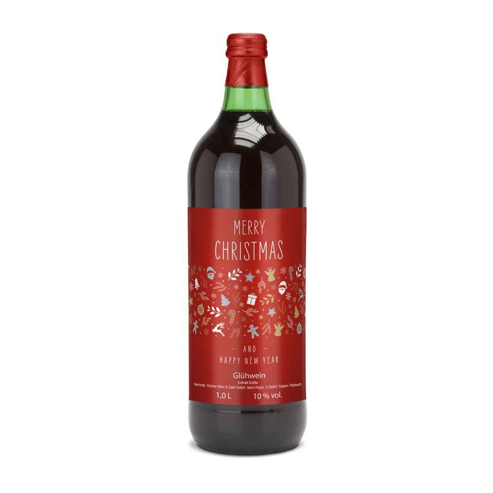 Glühwein - Flasche grün, mit Schraubverschluss, 1 l - Motiv: Merry Christmas (rot)
